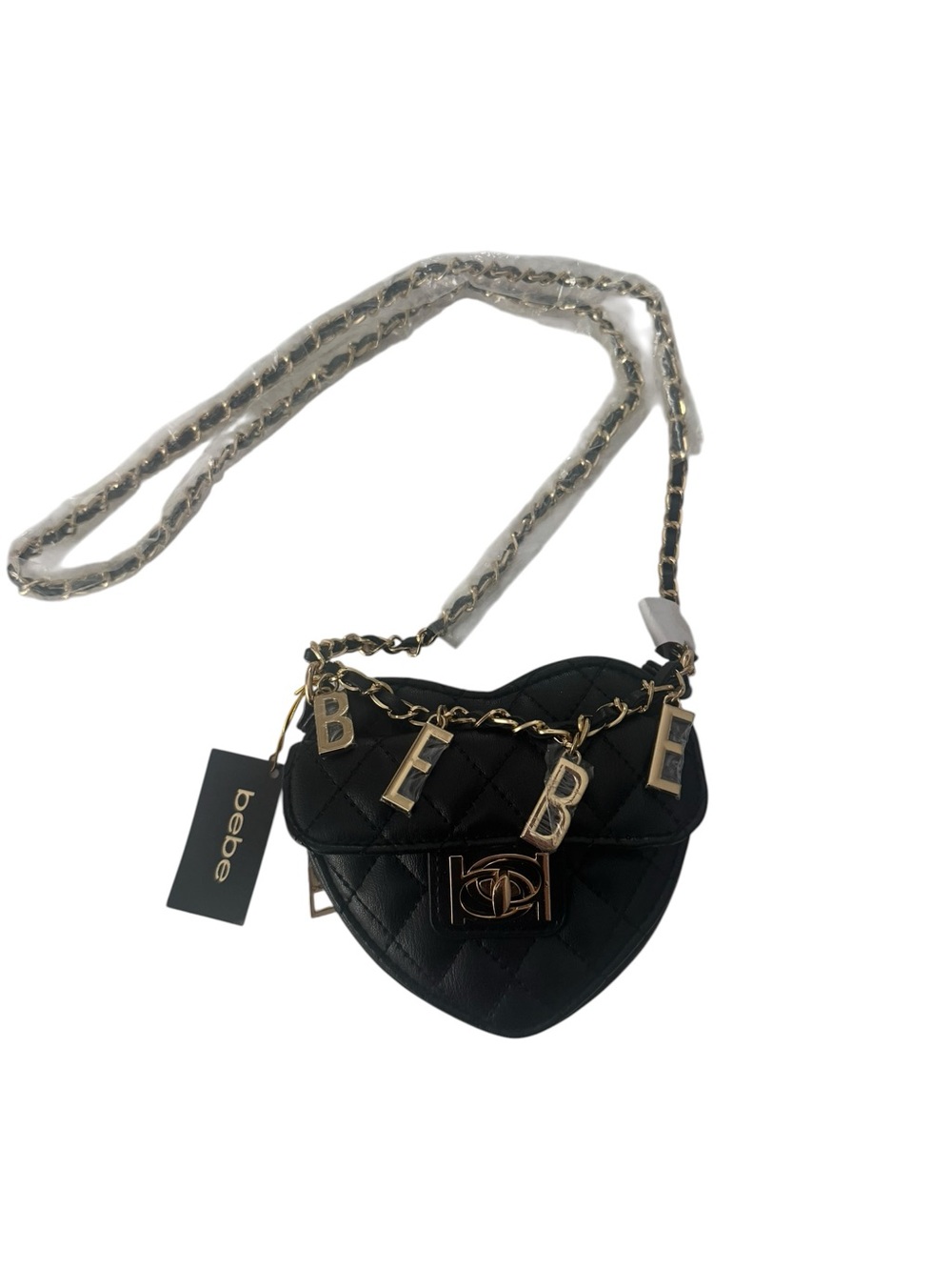bebe Black Quilted Heart Crossbody with Gold Letter Charms- mini bag